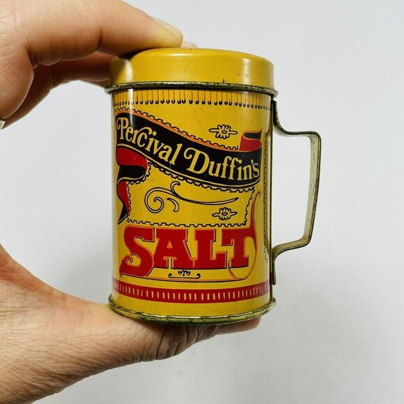 Vintage Percival Duffin Tin Salt Shaker 4” Metal Retro Handle Replacement Yellow - Picture 2 of 12